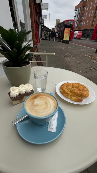 Cappuccino with Spanakopita and Tiramisu